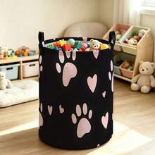 Black Background Storage Bucket With Pink Puppy Paw And Heart Patterns, Foldable Laundry Basket With Handle, A Storage Basket For Toys And Dirty Clothes For Pet Lovers' Bedrooms - Black - View 8