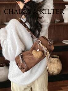 1pc Minimalist Fashion Buckle Suede Fabric Shoulder Bag, Suitable For Commuting, Shopping, Etc. (With Pendant) - Coffee - View 12