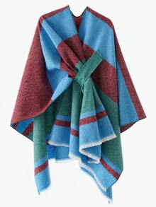 1pc Women's Fashion Classic Striped Color Block Pattern Autumn/Winter Windproof Buckle Travel Warm Shawl Jacket - Blue - View 4