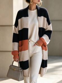 Plus Size Striped Colorblock Pocket Knit Cardigan - Multicolor - View 1