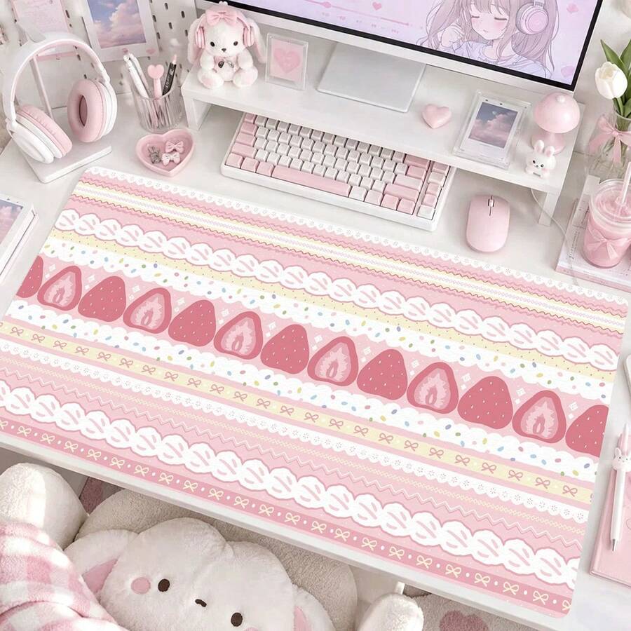 Pink Strawberry Cream Cake Leather Desk Mat Cute Y2K Style Korean Japanese Female Desk Mat Waterproof And Anti Slip PU Leather Office Desk Mat Gaming Mouse Mat - View 1