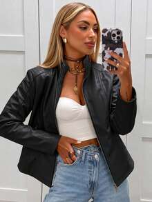 Giolshon 女款人造皮革機車夾克－不對稱拉鍊、立領、秋季優雅黑色 - 黑色 - 查看 8