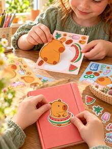 8 Sheets Capybara Dress-Up Collage Stickers, Cute Capybara Face Swap Stickers, Multiple Scene Accessories DIY Matching Stickers, Including Food, Bathtub, Hat, Butterfly, Facial Features, Free Combination Design Capybara Style, Used For Scrapbook Decoration, Leisure Craft Entertainment, Inspire Imagination And Creativity, Healing Style Creative Collage Material, Capybara Dress-Up Stickers, Removable Cartoon Capybara Style Stickers - Multicolor - View 2