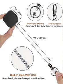 1 cái móc khóa rút bằng hợp kim kẽm bền bỉ kèm cuộn thẻ, dây cáp thép 27.6 inch, vòng chìa khóa có thể giặt, không mạ không bện - 2 cái móc khóa rút khóa màu đen - Nhiều màu - Xem 3