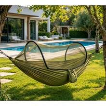 Hamaca de camping verde con mosquitera desplegable, 270x140 cm, hamaca ligera y portátil de nailon con correas para árboles, ideal para senderismo al aire libre y uso en el jardín. - Verde - Ver 3