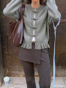 Women's Fashion Versatile Casual Solid Color Button Long Sleeve Daily Cardigan Sweater - Grey - View 4