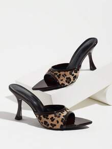 Women's Leopard Print Mule High Heel Sandals, Fashionable Sexy Open Toe Outdoor Sandals, Slip-On Slide Sandals, Brown, Vacation - Brown - View 6