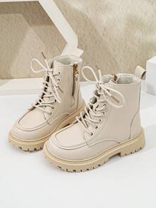 1 Pair Kids' Short Boots, Soft PU + Gold Eyelet Decor, Round Toe Thick Sole Anti-Slip, Inner Zipper Design, Vintage British Cargo Style Style Ankle Boots, Suitable For Boys And Girls Students Daily Campus And Outings - Apricot - View 1