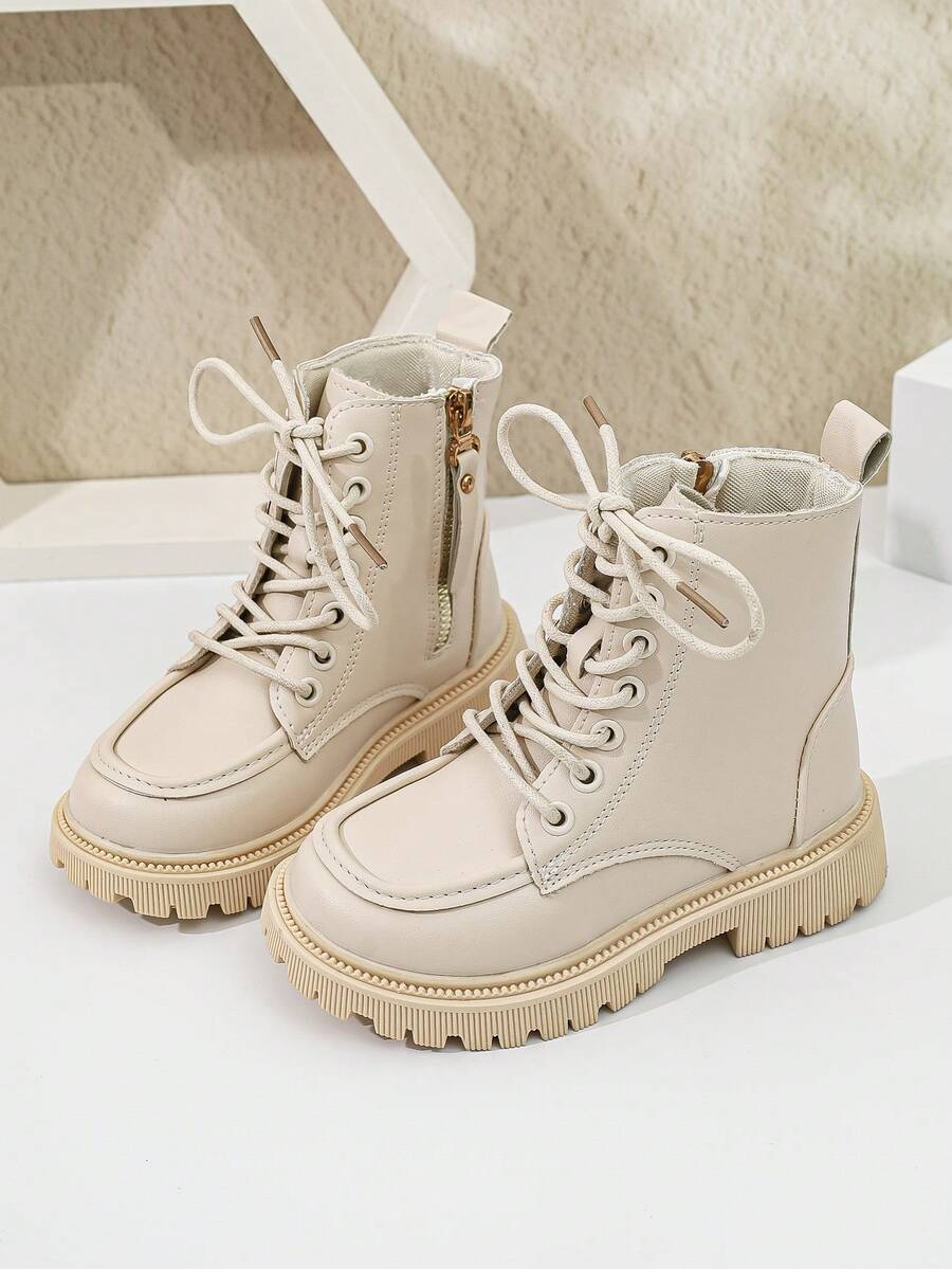 1 Pair Kids' Short Boots, Soft PU + Gold Eyelet Decor, Round Toe Thick Sole Anti-Slip, Inner Zipper Design, Vintage British Cargo Style Style Ankle Boots, Suitable For Boys And Girls Students Daily Campus And Outings - Apricot - View 1