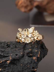 1pc Cute Beautiful Gold & Silver Dual-Color Butterfly Floral Ring, Vintage Hollow Butterfly Design, Suitable For Holiday & Daily Wear, Perfect Gift Choice - Butterfly - View 14