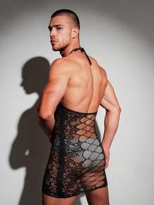 Men's Sexy Fishnet Knit Stretch Nightgown, Bodycon Hollow Out Sheer Lingerie - Black - View 2