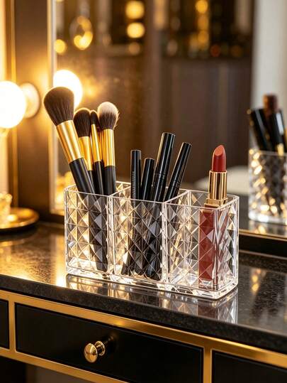 Transparent Crystal-Like Cosmetic Storage Box, 3-Compartment Makeup Brush Holder Desktop Organizer, Diamond Pattern Minimalist Design, Can Store Lipstick, Eyeliner, Eyebrow Pencil, Makeup Brushes, Makeup Vanity Tidy Storage Item