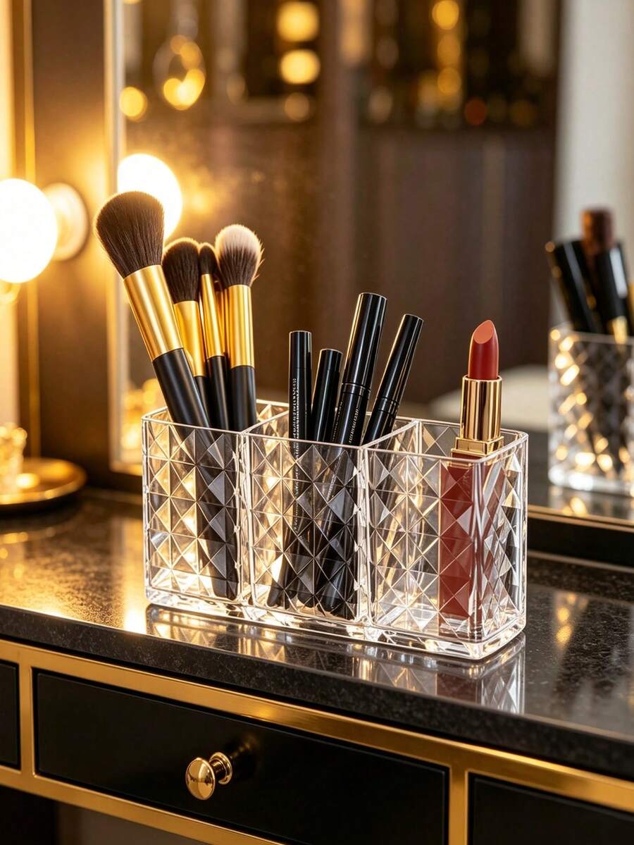 Transparent Crystal-Like Cosmetic Storage Box, 3-Compartment Makeup Brush Holder Desktop Organizer, Diamond Pattern Minimalist Design, Can Store Lipstick, Eyeliner, Eyebrow Pencil, Makeup Brushes, Makeup Vanity Tidy Storage Item