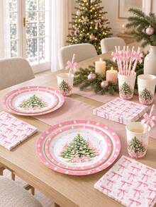 120PCS Christmas Disposable Paper Tableware Set, Includes 7-Inch And 9-Inch Plates, Cups, Napkins And Straws; Featuring Pink And Green Christmas Tree, Gift Box Bow And Decorative Pattern Design, Suitable For Christmas Party, Holiday Dinner, Winter Celebration And Pink-Themed Holiday Table Decor. - Multi-color 1 - View 3