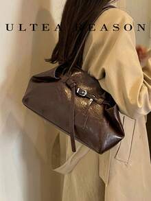 1pc Solid Color PU Leather New Women's Bag, Shoulder Bag, Crossbody Tote Bag, Fashion Square Handbag, Magnetic Closure, Suitable For Commuting, Shopping, Dating, Work - Coffee - View 2