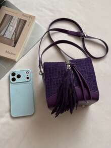 New Mini Purple Faux Suede Women's Handbag: Stylish Square Bag With Fringe Accents, Y2K-Style Shoulder Bag For Storing Phones And Change - Purple - View 9