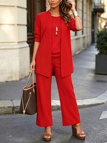 3 Pieces Set: Casual Solid Color Jacket + Round Neck Sleeveless Top + Elastic Waist Straight Leg Pants, Spring/Autumn/Winter Red Elegant Summer - Red - View 3