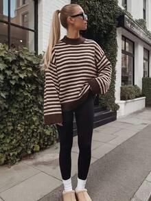 MORI Fall Winter Women Sweaters Elegant Casual Y2K Brown Striped Mock Neck Wide Bell Sleeve Drop Shoulder Oversized Loose Knit Pullover Top - Brown - View 5