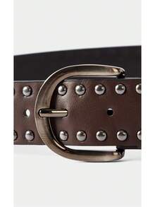 Noxbound 1pc Women's Coffee-Colored PU Leather Punk Style Double Row Rivet Decor Belt, Versatile Accessory Summer, School Fall, Autumn, Halloween - Coffee Brown - View 4