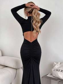 Women's High Neck Ruched Hollow Out Long Sleeve Slit Dress, Slim Fit Bodycon Black Evening Gown - Black - View 1