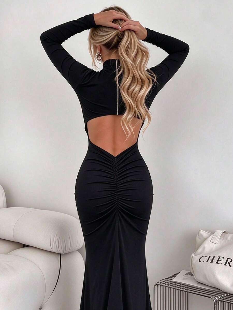 Women's High Neck Ruched Hollow Out Long Sleeve Slit Dress, Slim Fit Bodycon Black Evening Gown - Black - View 1