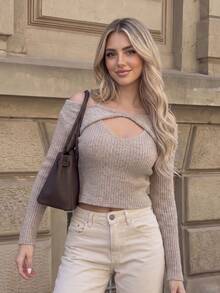 Women's Twist Cutout Off Shoulder Ribbed Knit Top, Long Sleeve Slim Fit Cropped Sweater, Fall Going Out Outfit - Baby Pink - View 3