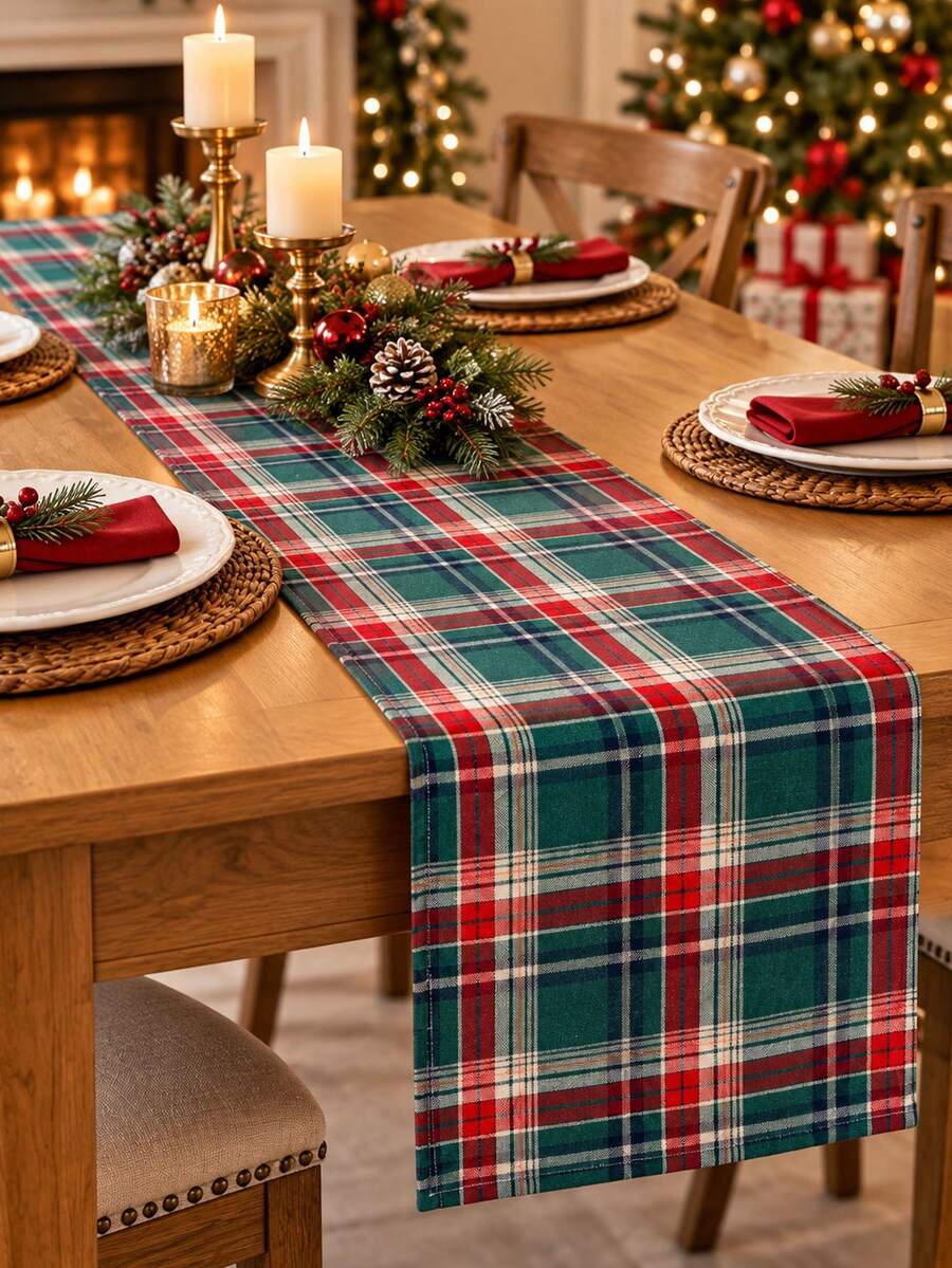 Holiday Plaid Table Runner, Classic Green And Red Checkered Pattern, Suitable For Christmas Party Atmosphere Decoration And Indoor/Outdoor Home Decor - Multiple Styles - View 1