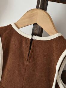 bearleader 2pcs/Set Girls Winter Clothing, Solid Color Long Sleeve Basic Top And Floral Embroidered Tank Dress, Vintage Casual Style - Coffee - View 6