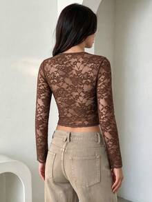 女款方領修身時尚長袖蕾絲拼接上衣 - 棕色 - 查看 4