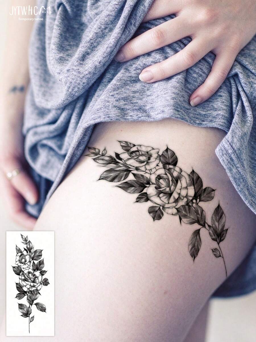 Temporary Tattoo Sticker, 1pc Sketch Rose Bouquet Pattern Tattoo Sticker, Waterproof & Sweat-Proof Temporary Tattoo, Elegant Fake Tattoo For Women, Small Body Art For Collarbone, Ankle, Wrist, Lasts 3-5 Days On Skin - Red - View 1