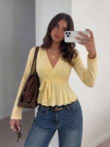 Elegant Fashion Cross V-Neck Waist Tie Design Women's Long Sleeve Top, Autumn/Winter New Style, Suitable For Daily Commute Wear - Yellow - View 1