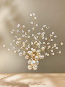 1pc Heavy Hand-Beaded Pearl Floral Branch Hair Accessory, Luxury High-End Bridal Headpiece, Exquisite Hair Clip For Wedding, Banquet, Party, Women's Updo - Multicolor - View 4