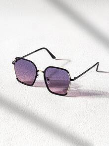 Women Oversized Square Sunglasses, Black Frame With Gold Trim Gradient Purple Pink Lens UV Protection Fashion Shades - Multicolor - View 4