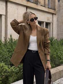 Blazer Kasual Vintage dengan Kerah Tunggal dan Kancing Depan - Coklat - View 7