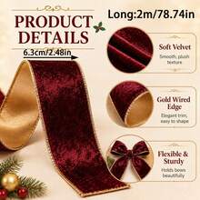 1/2 Rolls Burgundy Ribbon With Gold Metallic Edge, Soft And Luxurious, Suitable For Christmas Tree Decoration, Gift Wrapping, Bows, Wreaths, Gold Trim Decorative Ribbon, DIY Crafts, New Year And Holiday Decor - Multicolor - View 3