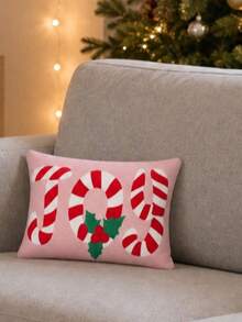 Pink Christmas Candy Cane Decorative Pillow, Red And White Striped Print With Holly Berry Pattern, Holiday Home Decor - Multicolor - View 5
