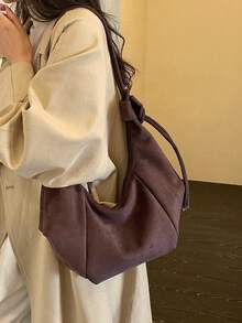1pc Women's Autumn/Winter New Solid Color Shoulder Bag, Fashion Large Capacity Crescent Shape Handbag, Suitable For Adult Women's Fashion Outfits And Shopping - Coffee Brown - View 6