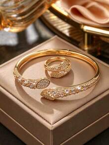 1set Luxury Marquise Copper Zirconia Bracelet & Ring Set,Gold Plated Split Curved Bangle For Daily Commute,Party Birthday Engagement Dating Gift Jewelry - Gold - View 3