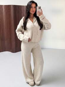 Women's Casual Comfortable Beige Wool Sweater Set, With Drawstring Double Zipper Hoodie And Wide Leg Pants, Essential For Home And Leisure In Autumn/Winter - Apricot - View 4