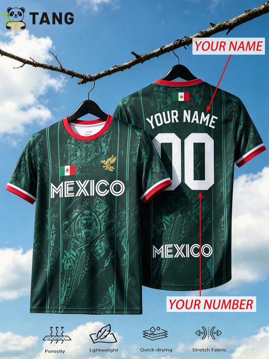 Men Custom Mexico El Tri Flag Print Soccer Jersey, Personalized Name Number Football Shirt Lightweight Fan Gear Training Casual Sports Gift