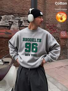 كنزة رجالية من الصوف الناعم بياقة دائرية للخريف/الشتاء مطبوعة بحروف وأرقام BROOKLYN 96 NEW YORK بأسلوب Y2K - رمادي منقوش - مشاهدة 1