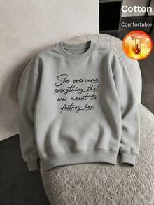 Autumn Winter Men's Fleece-Lined Crewneck Sweatshirt With English Letter Print Y2K - Heather Gray - View 2