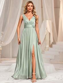 XUCTHHC Elegant V-Neck Sleeveless Chiffon A-Line Formal Evening Gown, Suitable For Wedding Guest, Prom, Graduation, Holiday, Autumn/Winter - Mint Green - View 10