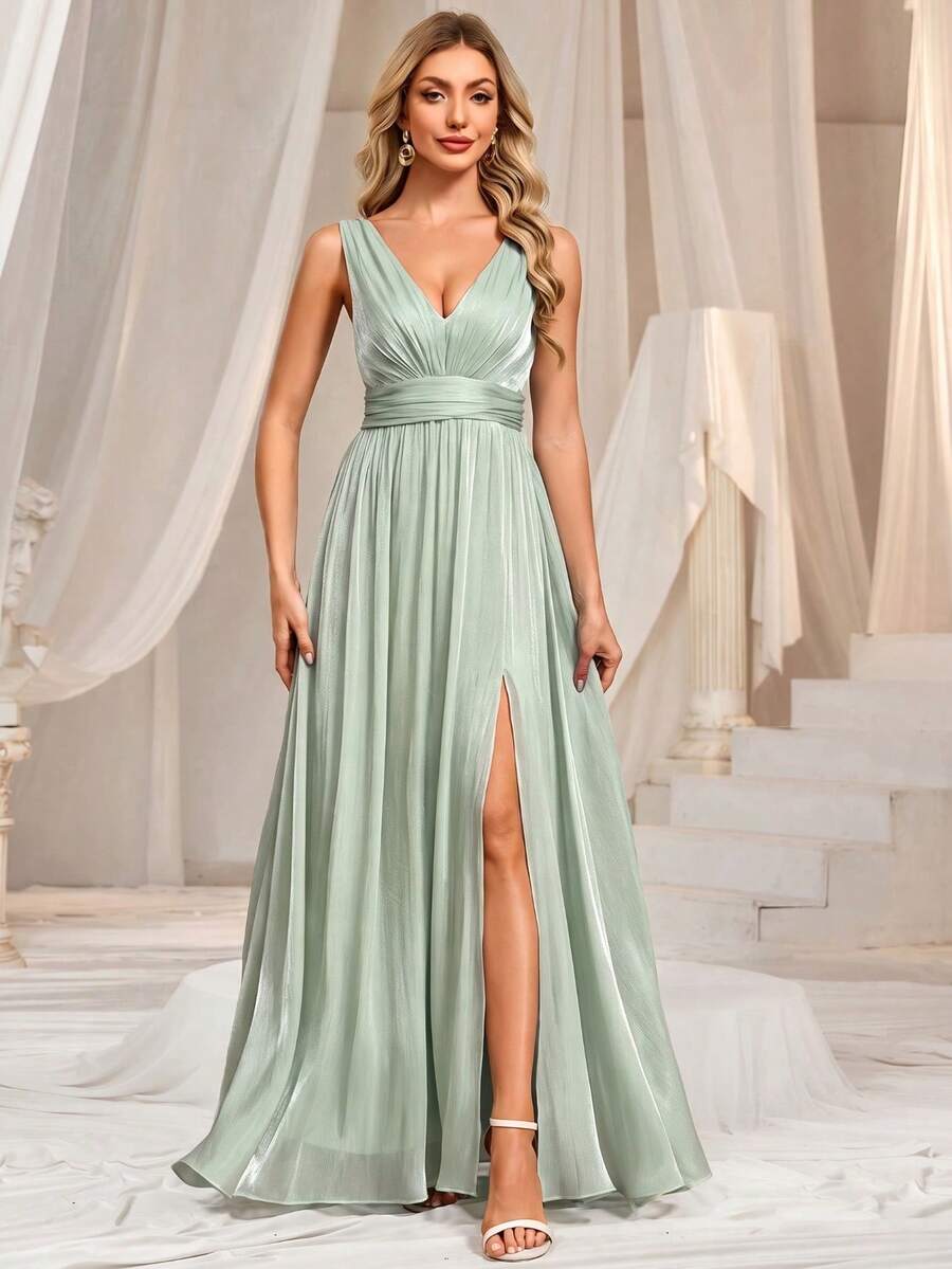 XUCTHHC Elegant V-Neck Sleeveless Chiffon A-Line Formal Evening Gown, Suitable For Wedding Guest, Prom, Graduation, Holiday, Autumn/Winter