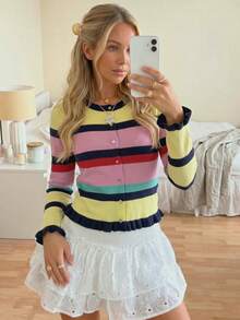 Autumn Y2K Women's Multi-Color Striped Front Button Cardigan, Preppy Casual Street Style Daily Outerwear, Minimalist Fashion Autumn Outfit - Multicolor - View 5