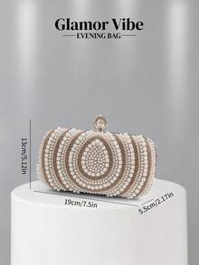 Elegant Pearl & Rhinestone Spiral Pattern Evening Clutch, Pearl Buckle Handbag - Champagne - View 3