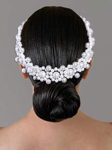 1PC Elegant Pearl Flower Bridal Hairband Handmade Beaded Women's Wedding Headband Suitable For Holiday Party Celebration Event Hair Accessories - Silver - View 5