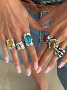 6pcs Vintage Antique Silver Ring Set, Chunky Faux Gemstone Oval Shield Band, Boho Fall Winter Women Jewelry - Multicolor - View 2