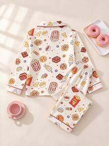 Big Girls Cute Snack Print Button Front Long Sleeve Pajama Set, 2-Piece Lapel Top + Pants, Soft Loungewear, Suitable For Spring, Autumn, Winter Home Wear - Multicolor - View 4