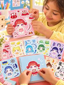 8 Sheets Cute Q-Style Doll Dress-Up Sticker Set, Cartoon Girl DIY Outfit Stickers With Multiple Dresses, Headwear And Decorative Accessories, Easy-Tear Die-Cut Stickers For Character Styling, Multi-Theme Styles For Planner Decoration, Desktop Craft And Creative Play, Fresh Soft Aesthetic, Fun Creative Collage Sticker Set - Multicolor - View 3